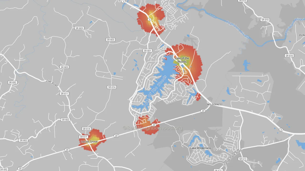 Walk Grade map of 22508, VA, walkable areas in green and car-dependent areas in red