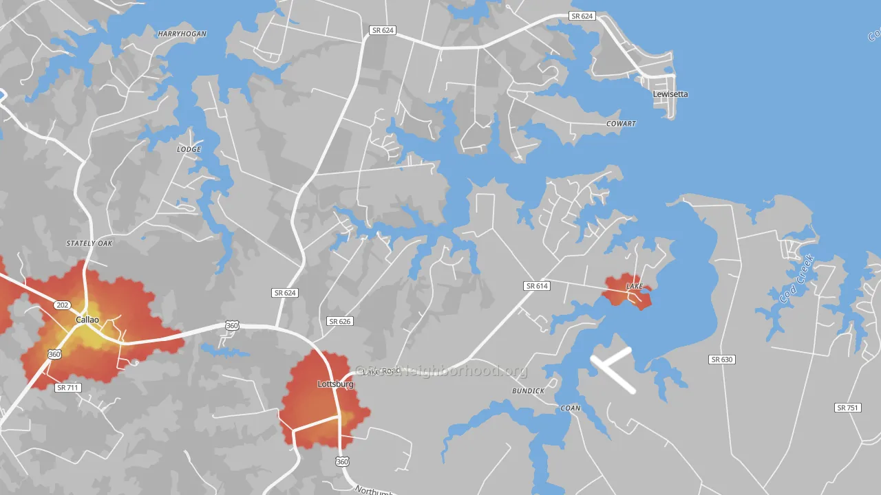 Walk Grade map of 22511, VA, walkable areas in green and car-dependent areas in red