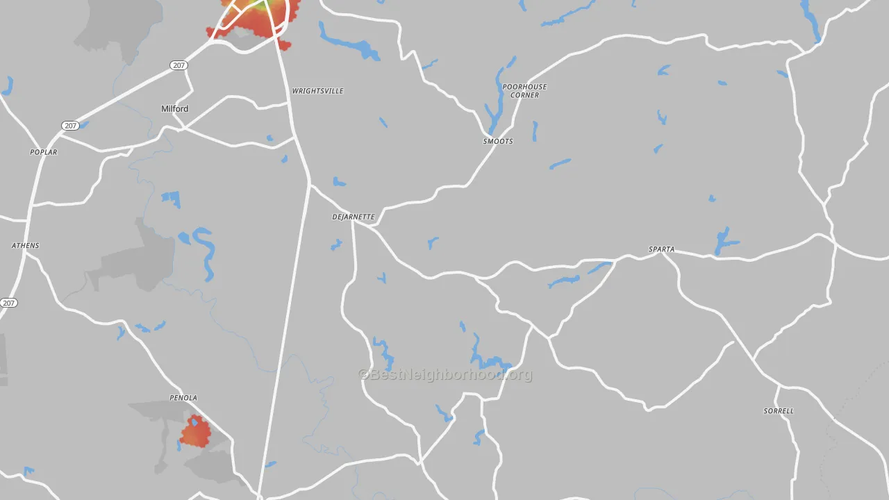 Walk Grade map of 22514, VA, walkable areas in green and car-dependent areas in red