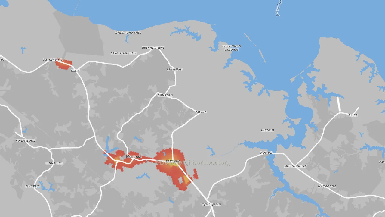 Walk Grade map of 22520, VA, walkable areas in green and car-dependent areas in red