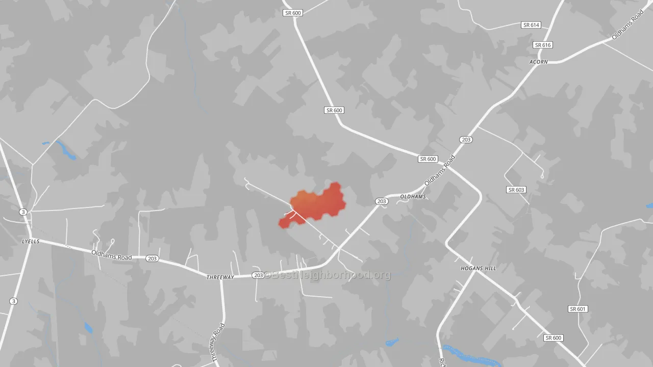Walk Grade map of 22529, VA, walkable areas in green and car-dependent areas in red