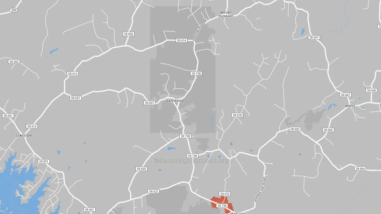 Walk Grade map of 22534, VA, walkable areas in green and car-dependent areas in red
