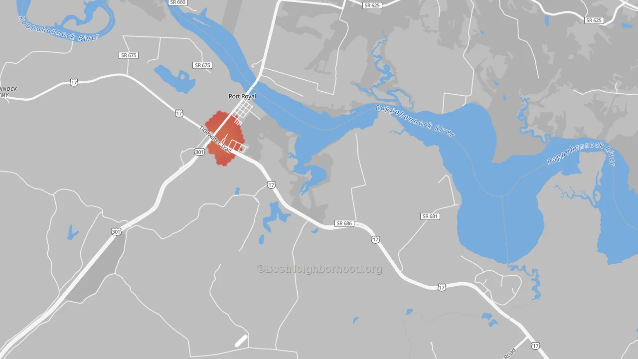 Walk Grade map of 22535, VA, walkable areas in green and car-dependent areas in red