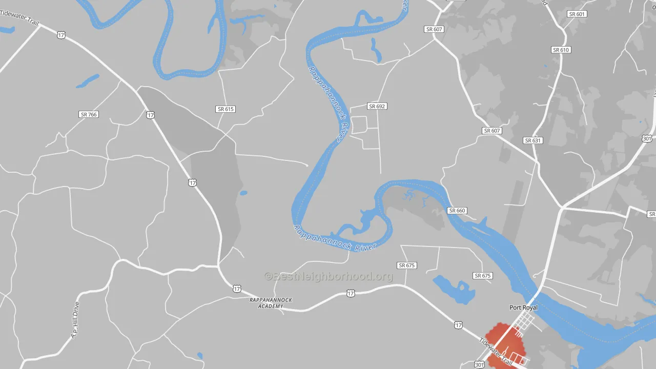 Walk Grade map of 22538, VA, walkable areas in green and car-dependent areas in red