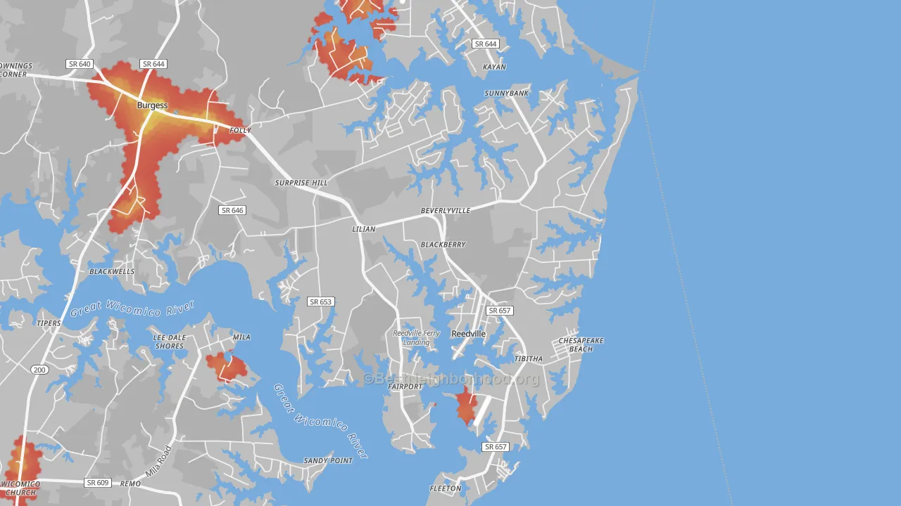 Walk Grade map of 22539, VA, walkable areas in green and car-dependent areas in red
