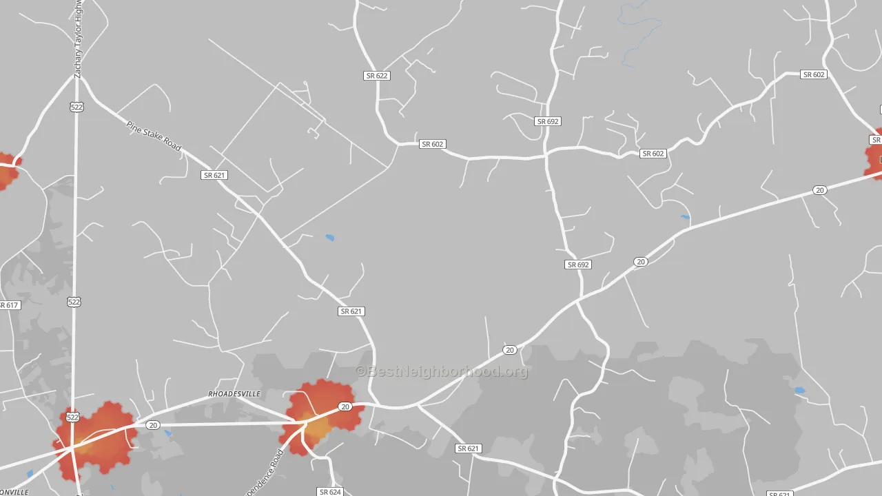 Walk Grade map of 22542, VA, walkable areas in green and car-dependent areas in red