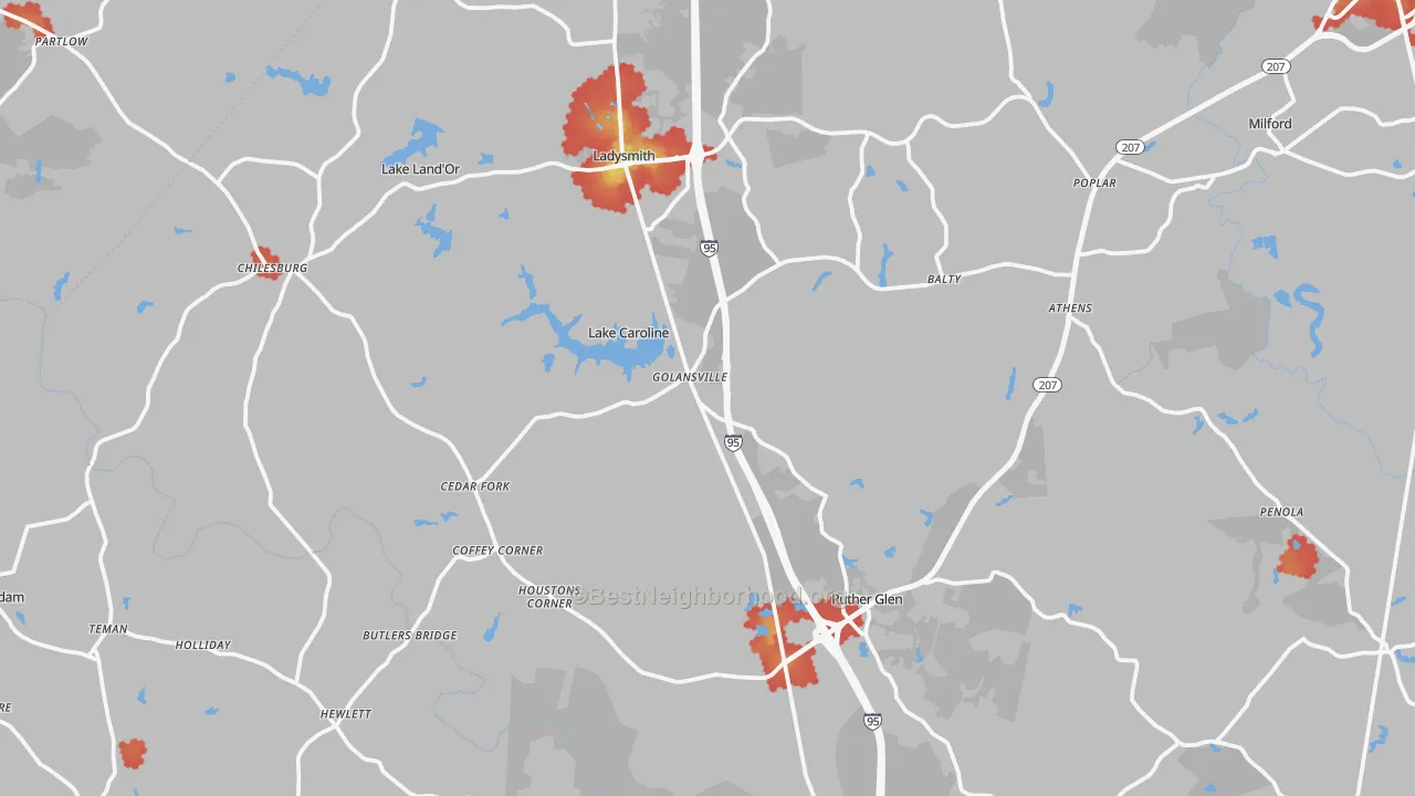 Walk Grade map of 22546, VA, walkable areas in green and car-dependent areas in red