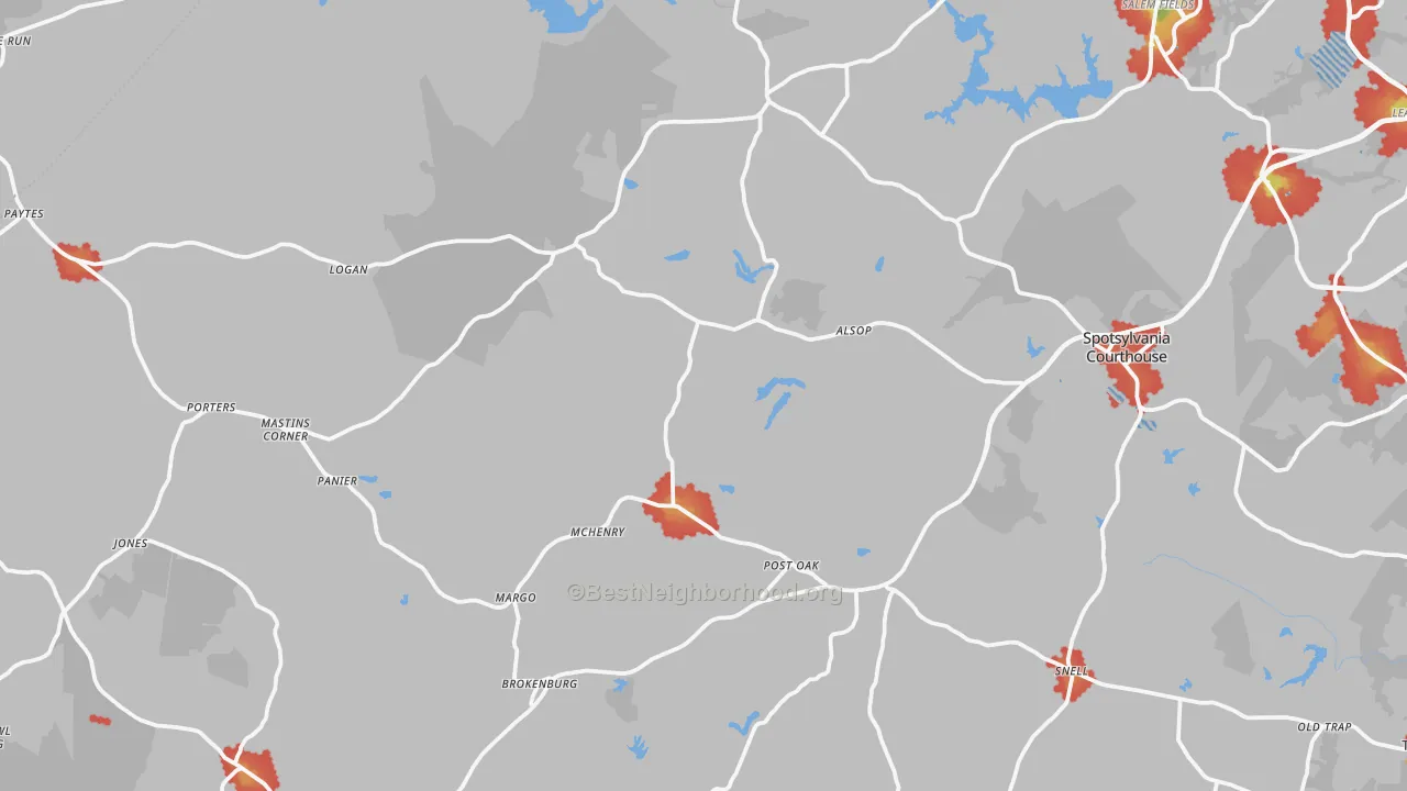Walk Grade map of 22551, VA, walkable areas in green and car-dependent areas in red