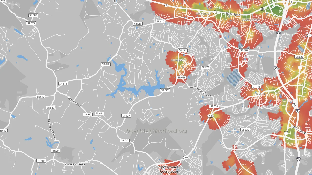 Walk Grade map of 22553, VA, walkable areas in green and car-dependent areas in red