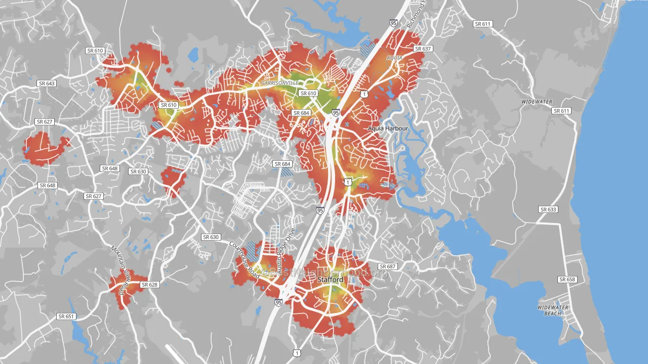 Walk Grade map of 22554, VA, walkable areas in green and car-dependent areas in red