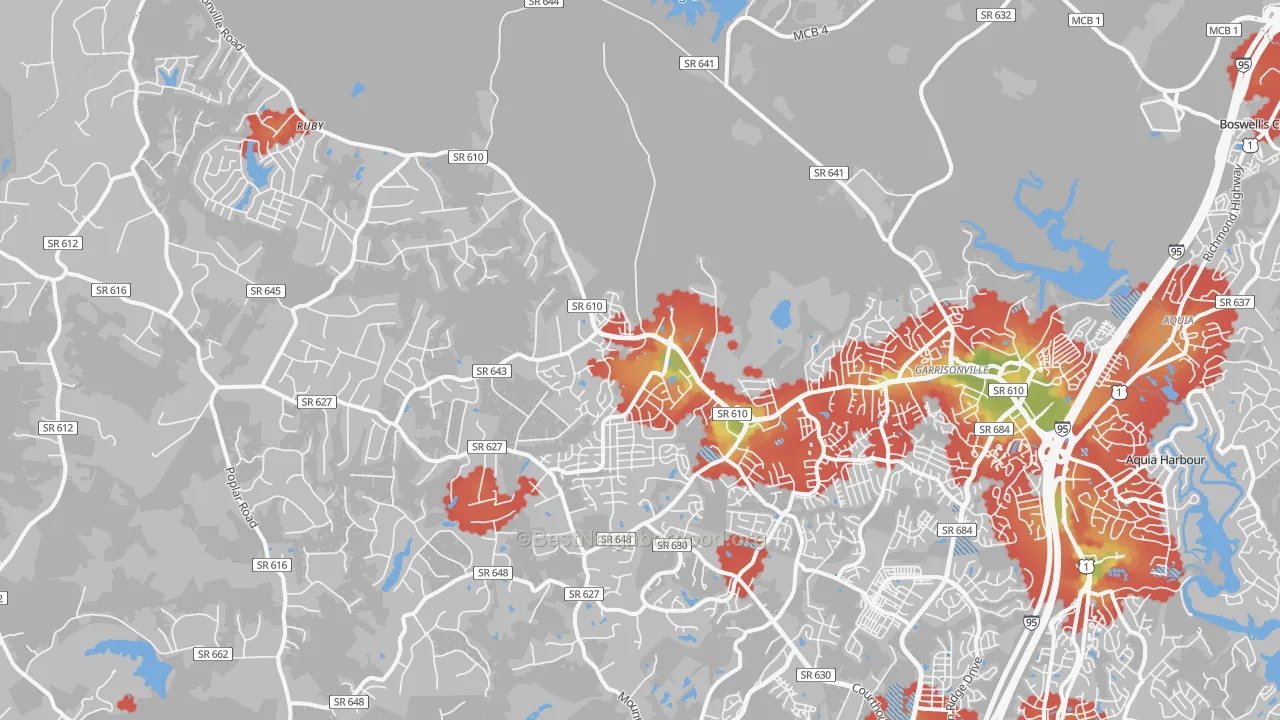 Walk Grade map of 22556, VA, walkable areas in green and car-dependent areas in red
