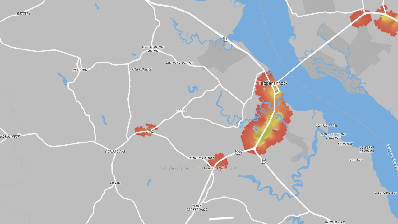 Walk Grade map of 22560, VA, walkable areas in green and car-dependent areas in red