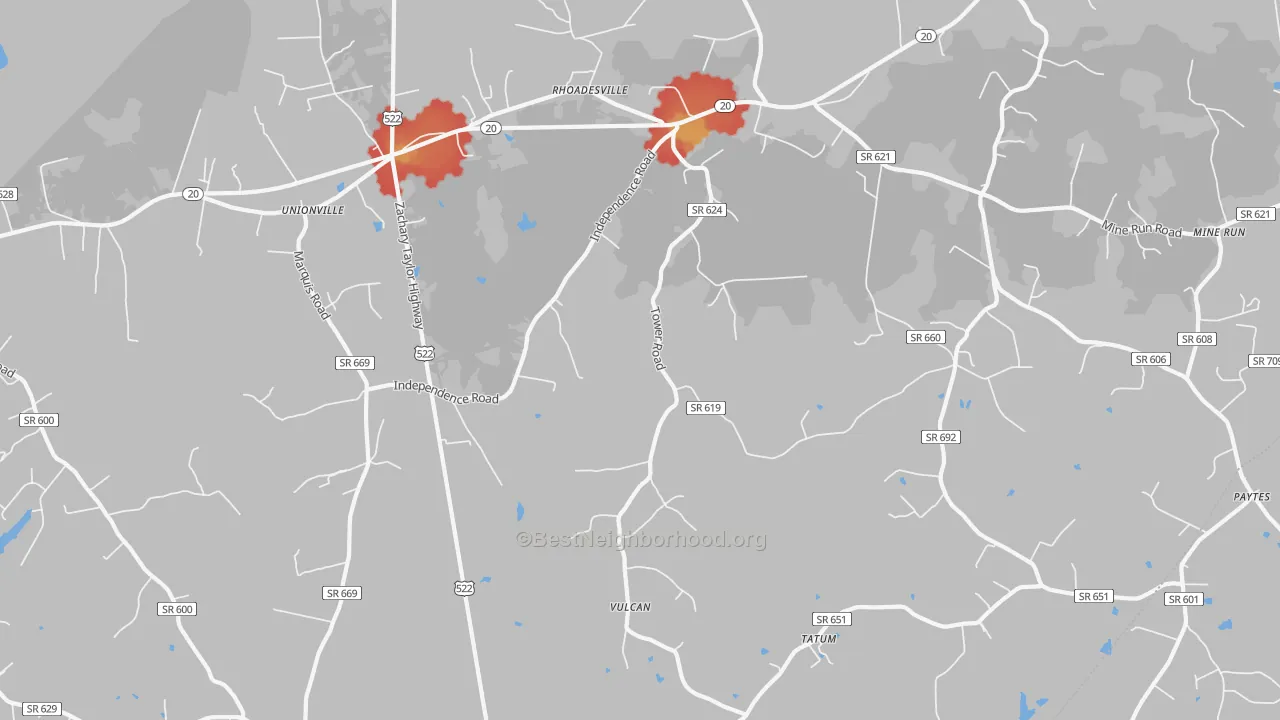 Walk Grade map of 22567, VA, walkable areas in green and car-dependent areas in red