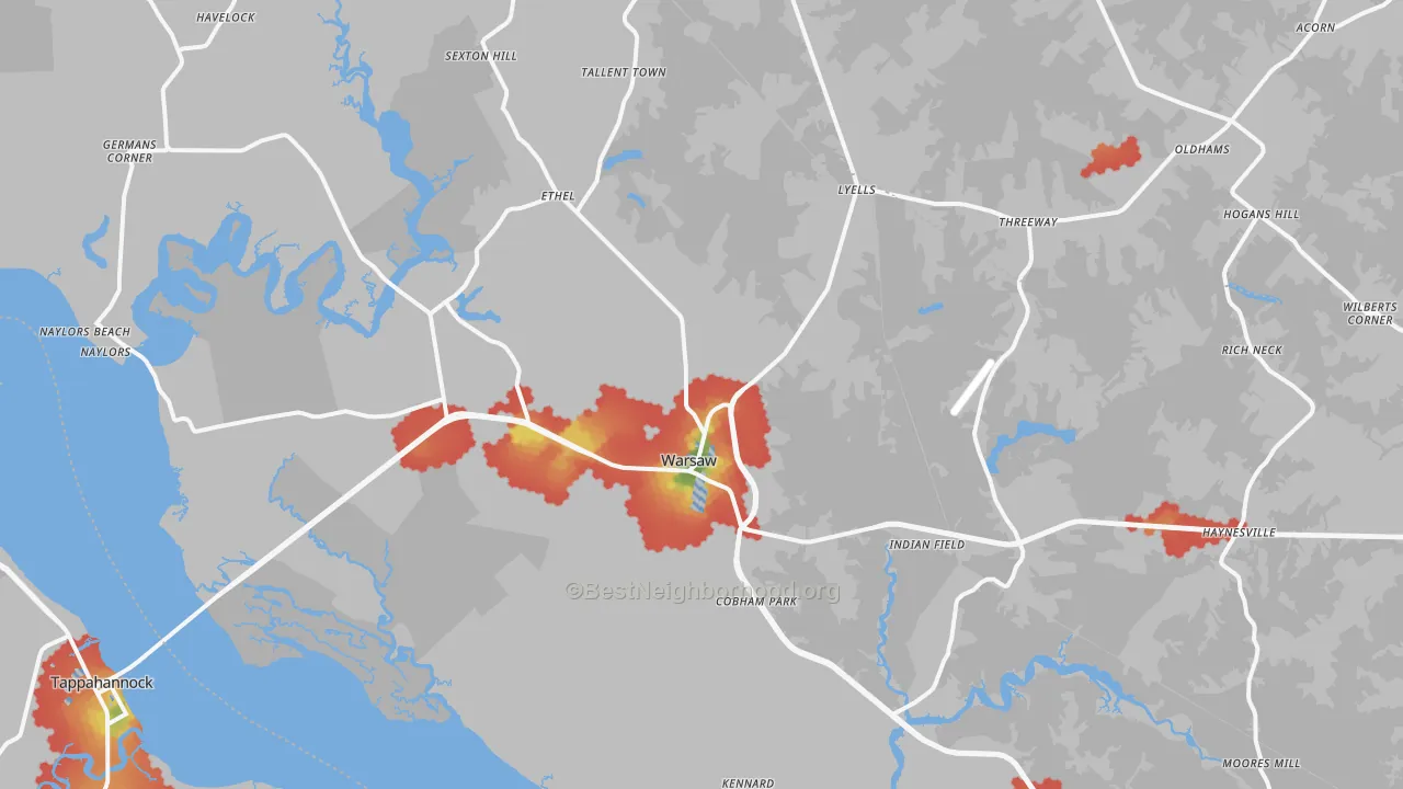 Walk Grade map of 22572, VA, walkable areas in green and car-dependent areas in red