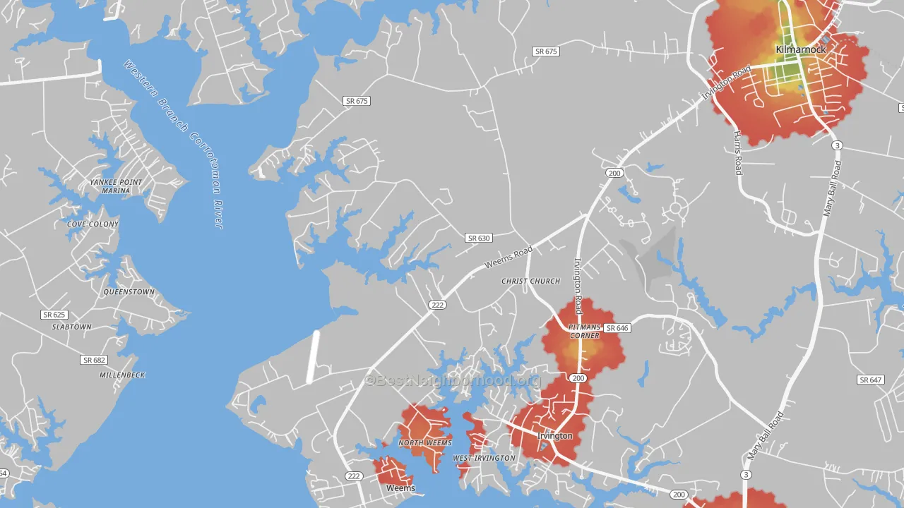 Walk Grade map of 22576, VA, walkable areas in green and car-dependent areas in red