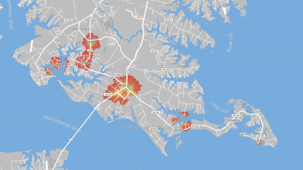 Walk Grade map of 22578, VA, walkable areas in green and car-dependent areas in red