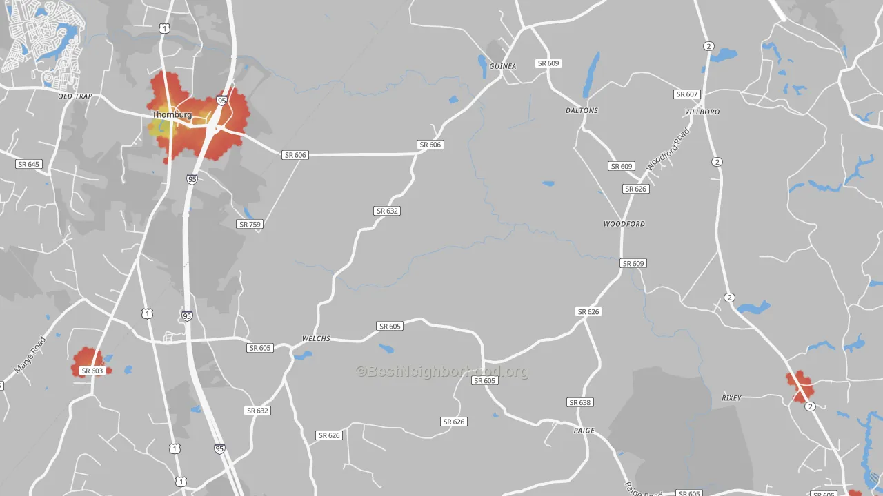 Walk Grade map of 22580, VA, walkable areas in green and car-dependent areas in red