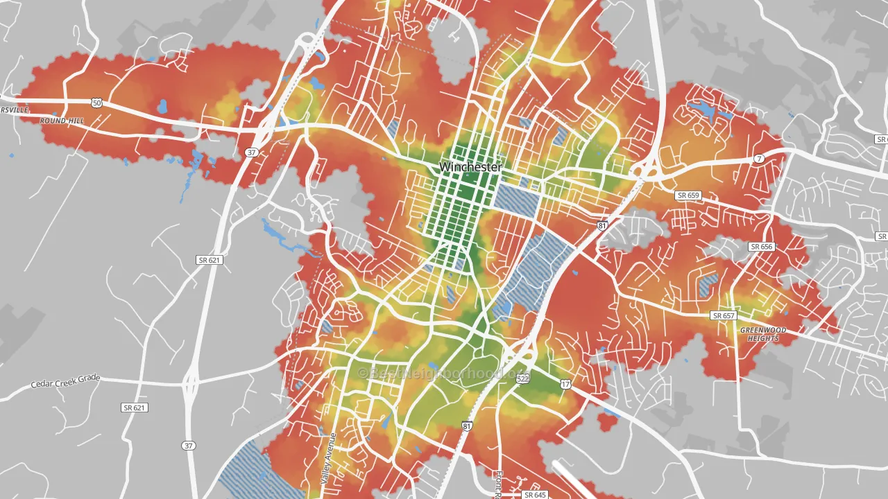 Walk Grade map of 22601, VA, walkable areas in green and car-dependent areas in red