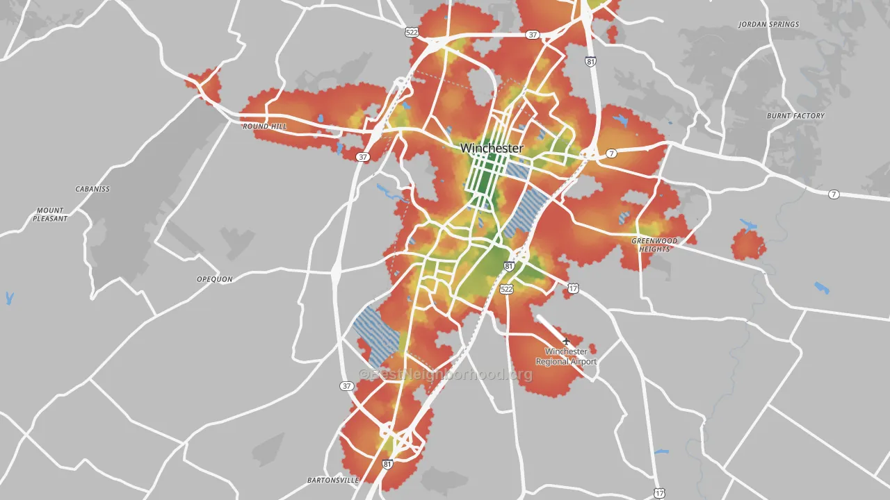 Walk Grade map of 22602, VA, walkable areas in green and car-dependent areas in red