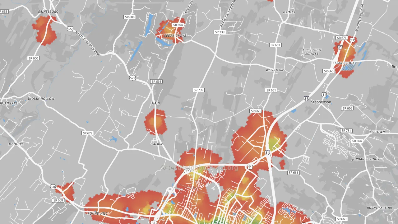Walk Grade map of 22603, VA, walkable areas in green and car-dependent areas in red
