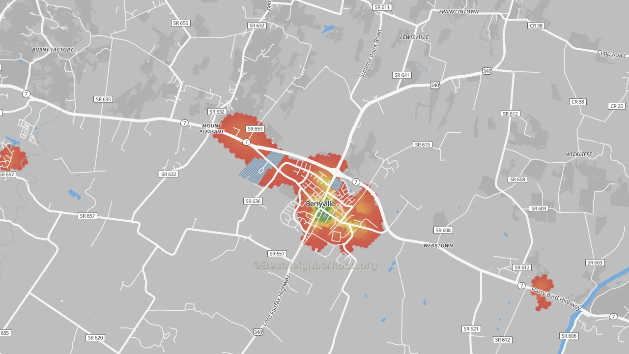 Walk Grade map of 22611, VA, walkable areas in green and car-dependent areas in red