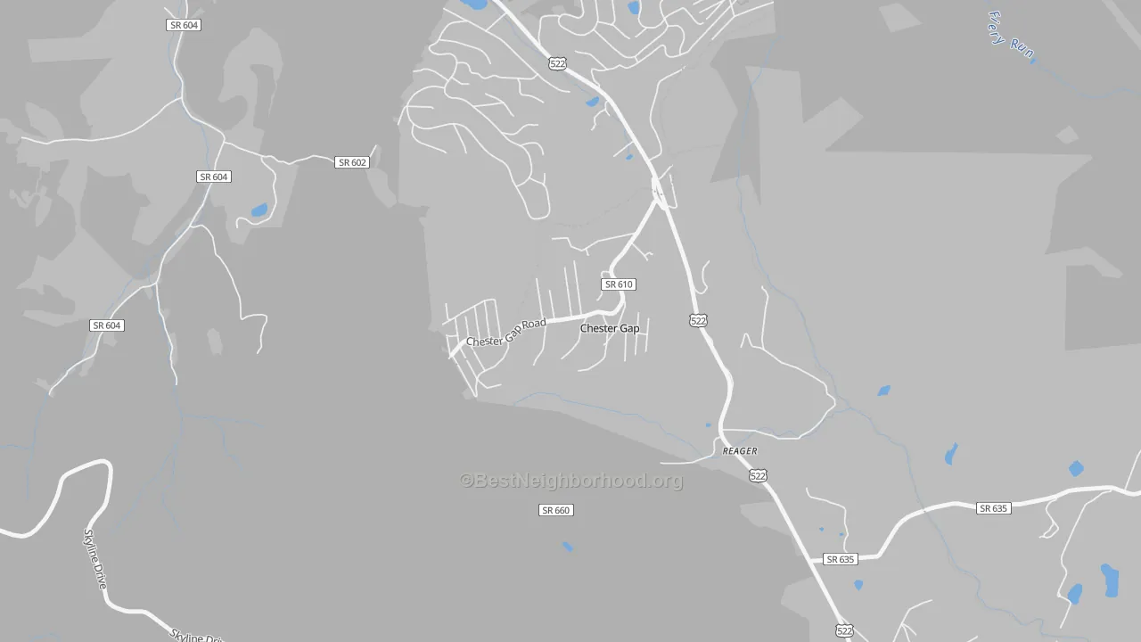 Walk Grade map of 22623, VA, walkable areas in green and car-dependent areas in red
