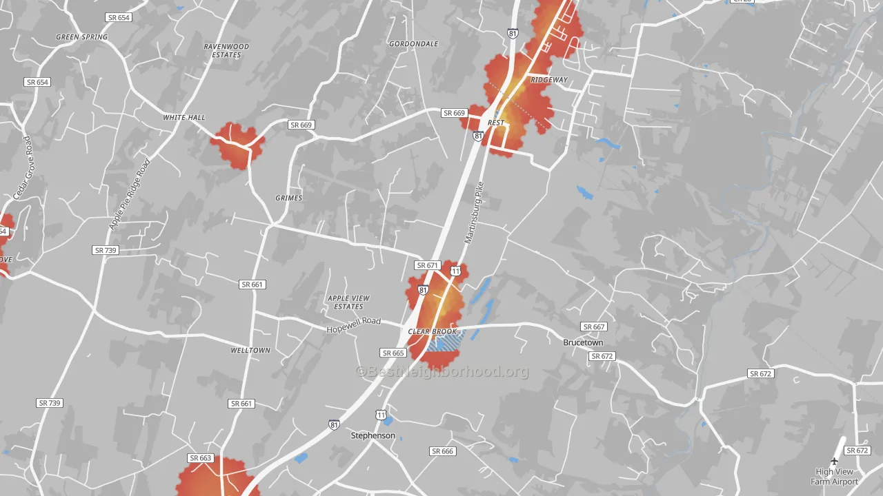Walk Grade map of 22624, VA, walkable areas in green and car-dependent areas in red