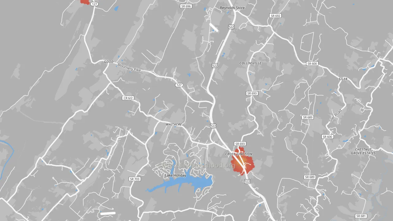 Walk Grade map of 22625, VA, walkable areas in green and car-dependent areas in red