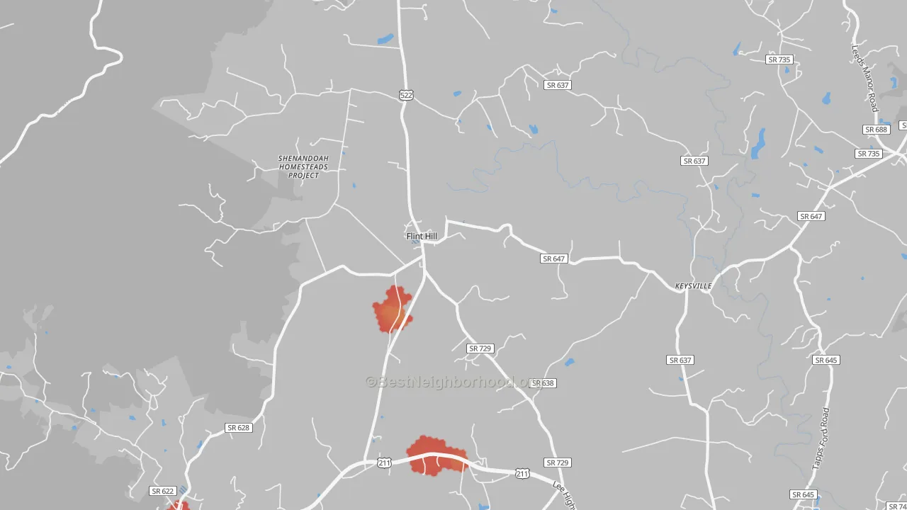 Walk Grade map of 22627, VA, walkable areas in green and car-dependent areas in red