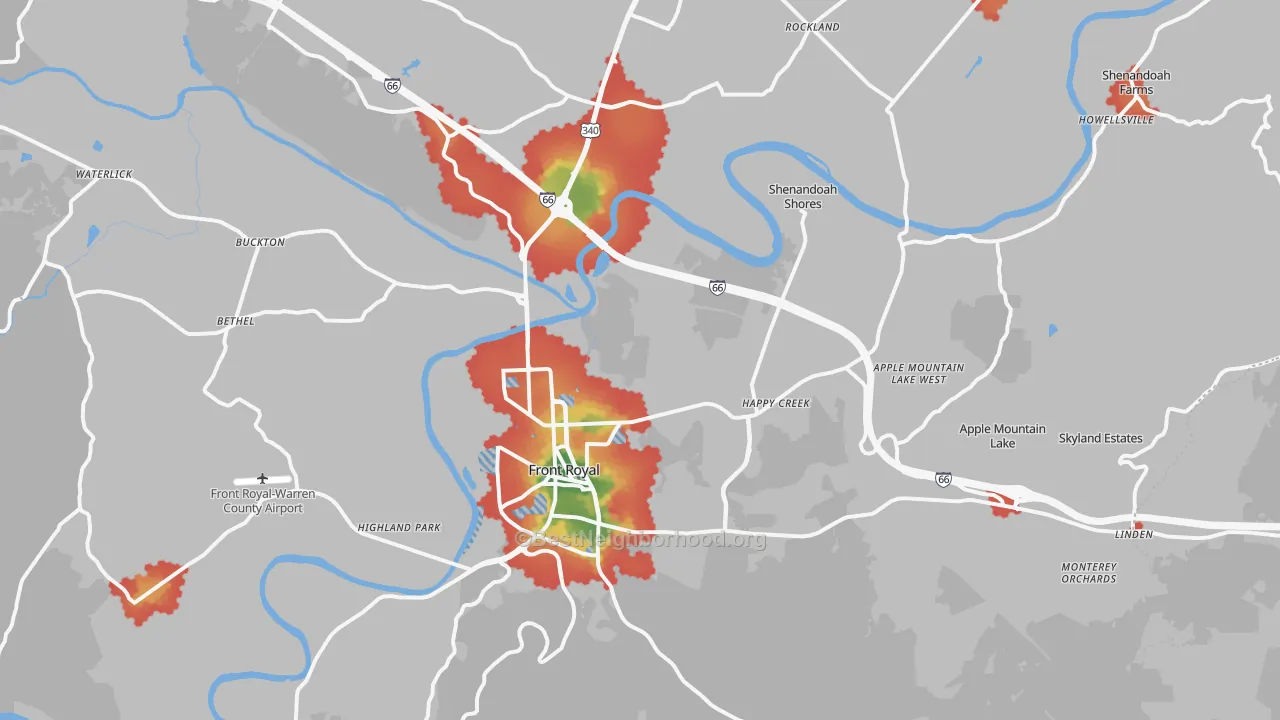 Walk Grade map of 22630, VA, walkable areas in green and car-dependent areas in red