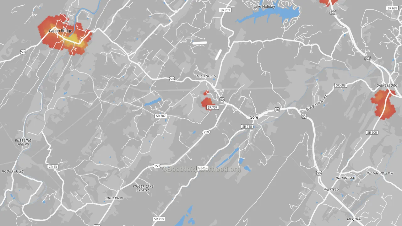 Walk Grade map of 22637, VA, walkable areas in green and car-dependent areas in red