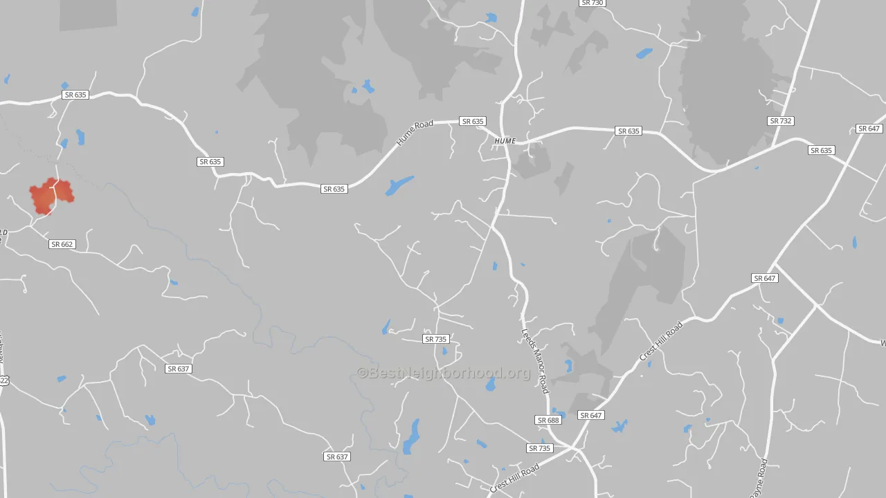 Walk Grade map of 22639, VA, walkable areas in green and car-dependent areas in red