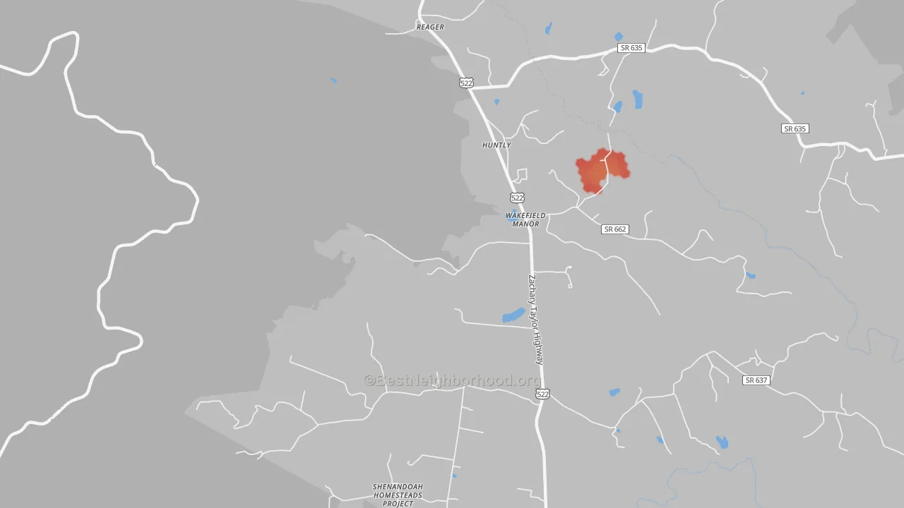 Walk Grade map of 22640, VA, walkable areas in green and car-dependent areas in red