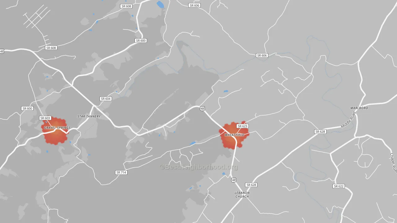 Walk Grade map of 22641, VA, walkable areas in green and car-dependent areas in red