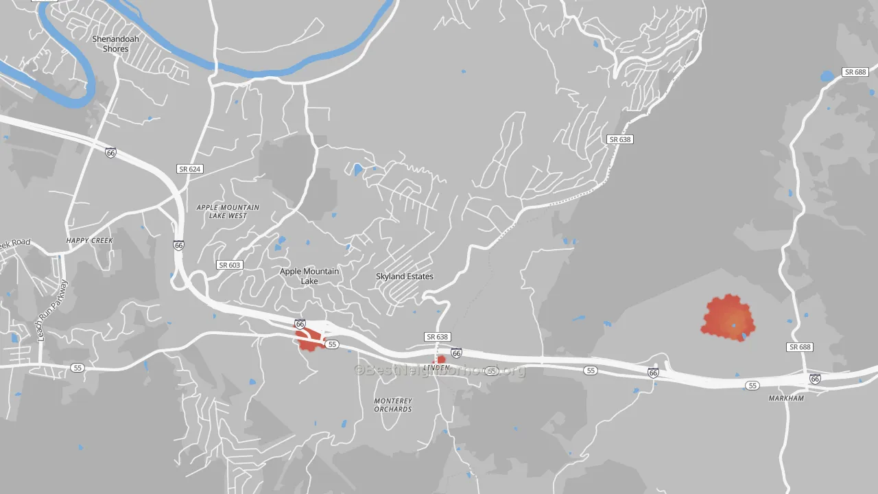 Walk Grade map of 22642, VA, walkable areas in green and car-dependent areas in red