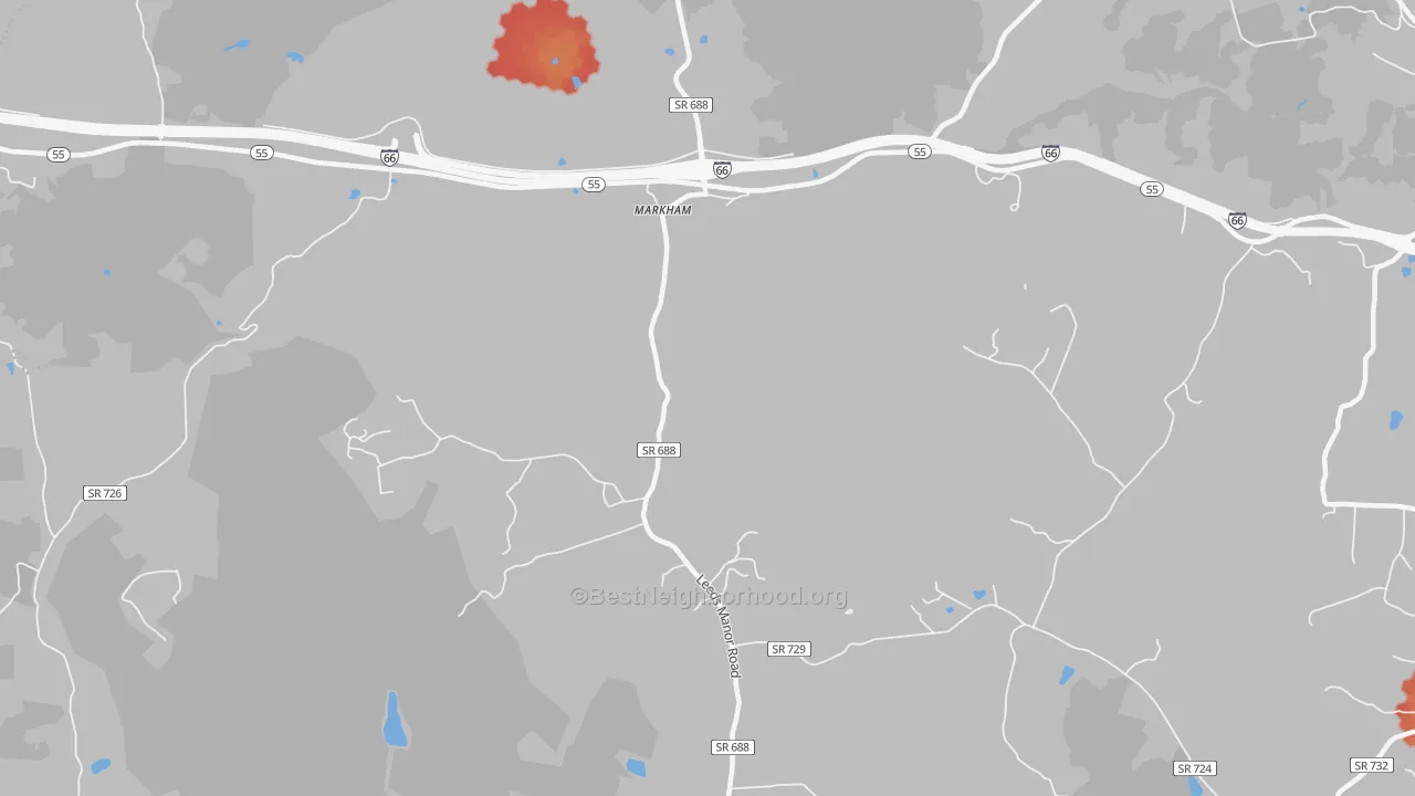 Walk Grade map of 22643, VA, walkable areas in green and car-dependent areas in red