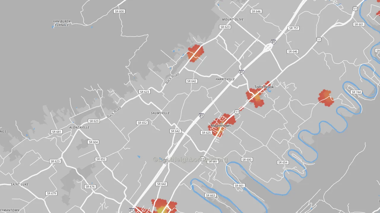 Walk Grade map of 22644, VA, walkable areas in green and car-dependent areas in red