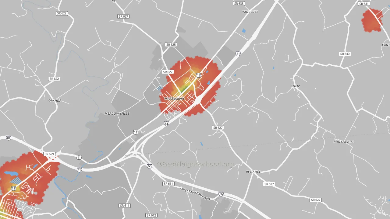 Walk Grade map of 22645, VA, walkable areas in green and car-dependent areas in red
