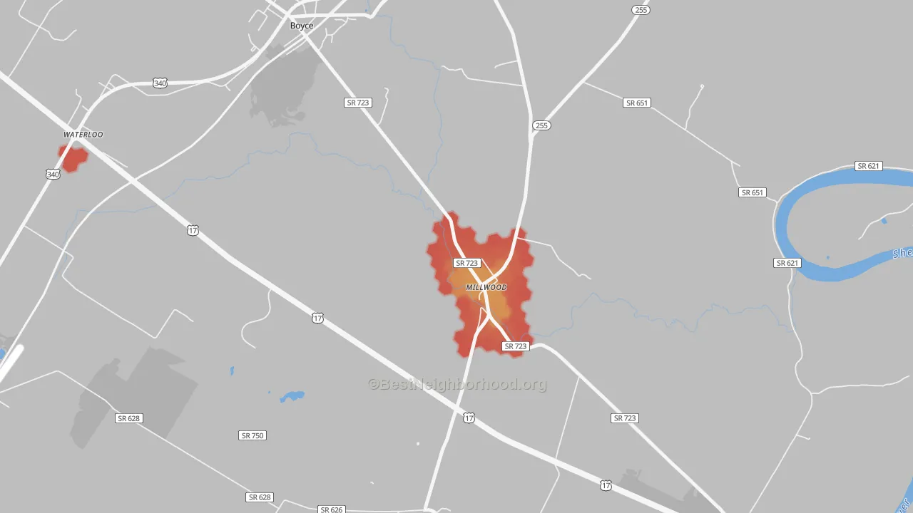 Walk Grade map of 22646, VA, walkable areas in green and car-dependent areas in red