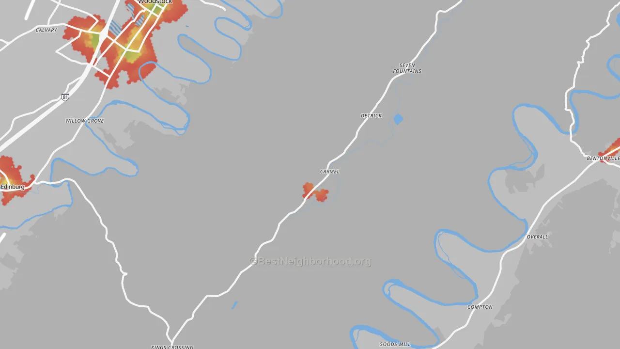 Walk Grade map of 22652, VA, walkable areas in green and car-dependent areas in red