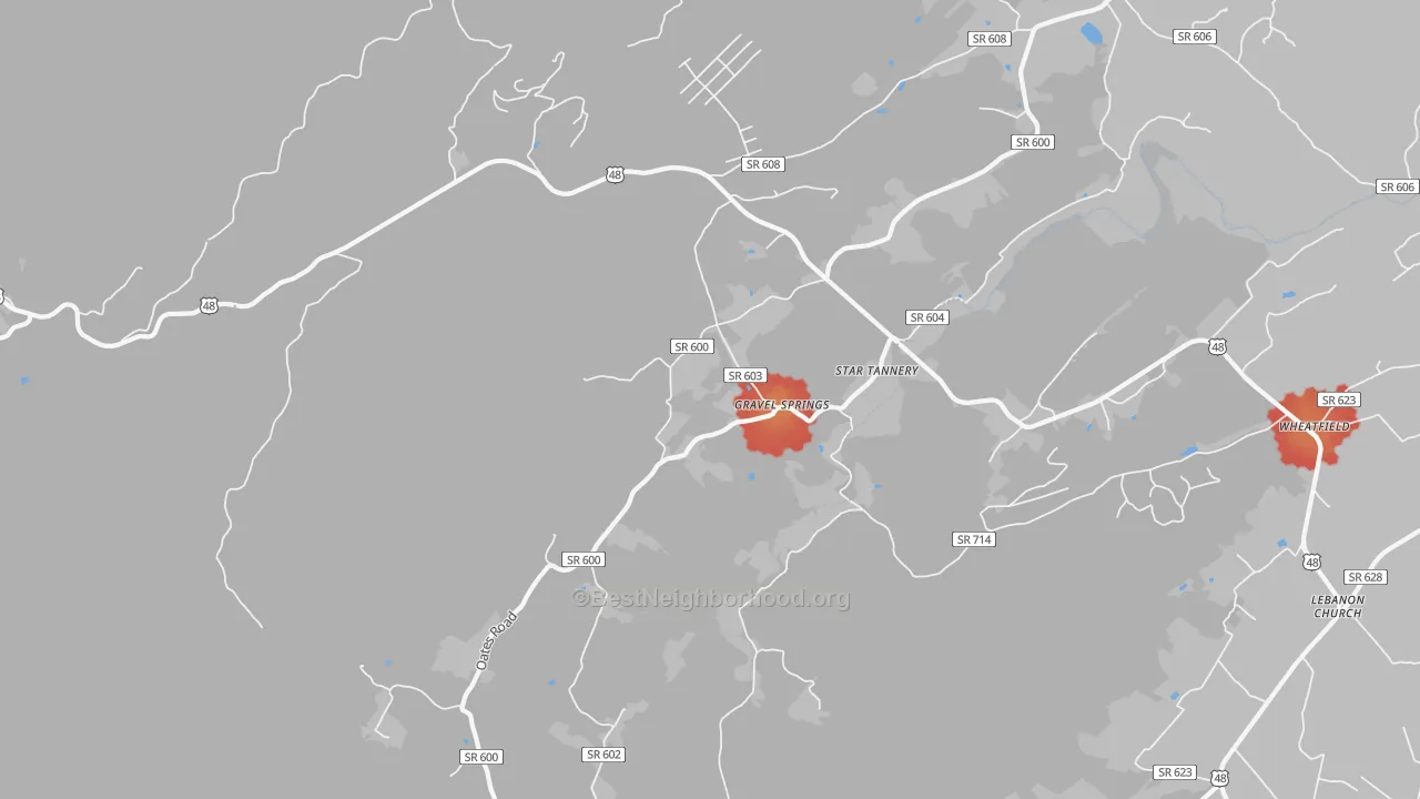 Walk Grade map of 22654, VA, walkable areas in green and car-dependent areas in red