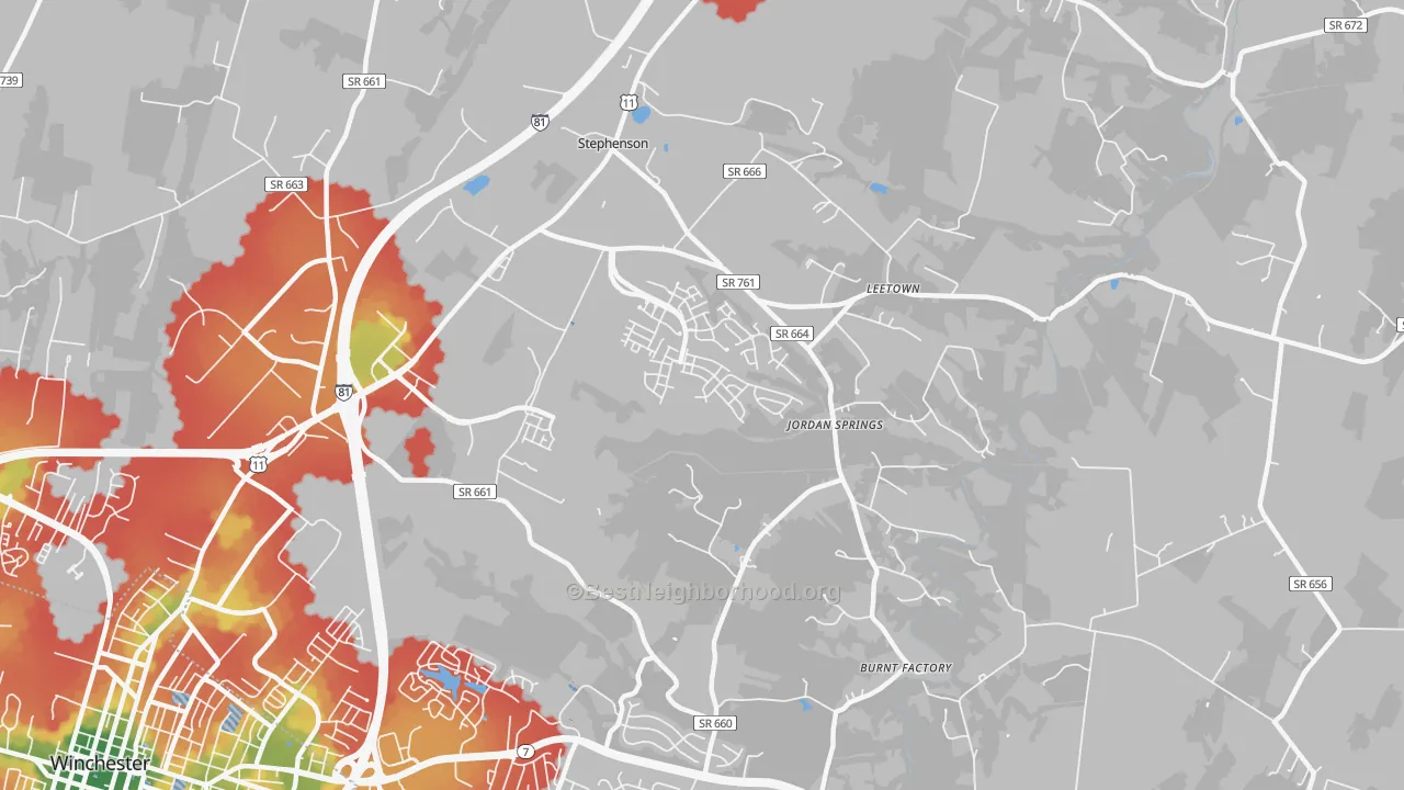 Walk Grade map of 22656, VA, walkable areas in green and car-dependent areas in red