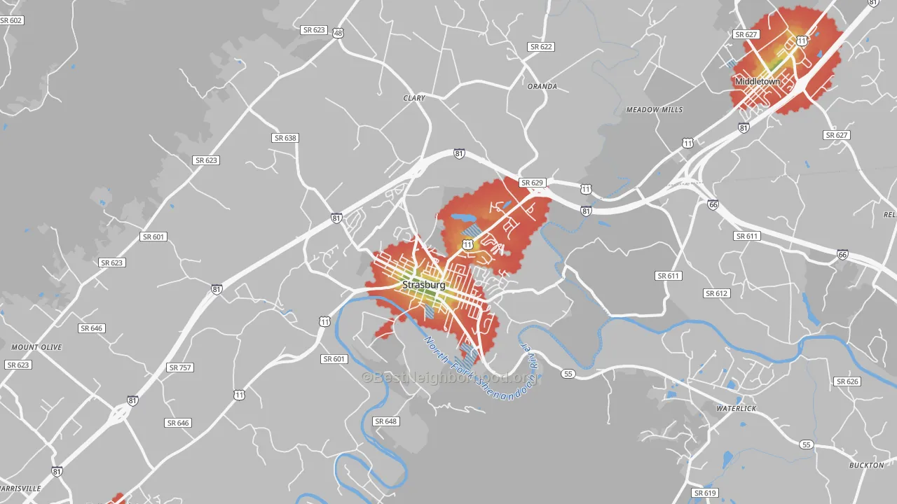 Walk Grade map of 22657, VA, walkable areas in green and car-dependent areas in red