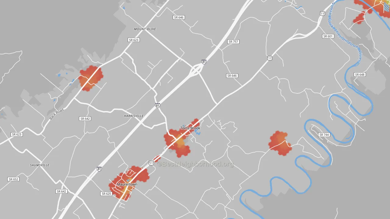 Walk Grade map of 22660, VA, walkable areas in green and car-dependent areas in red