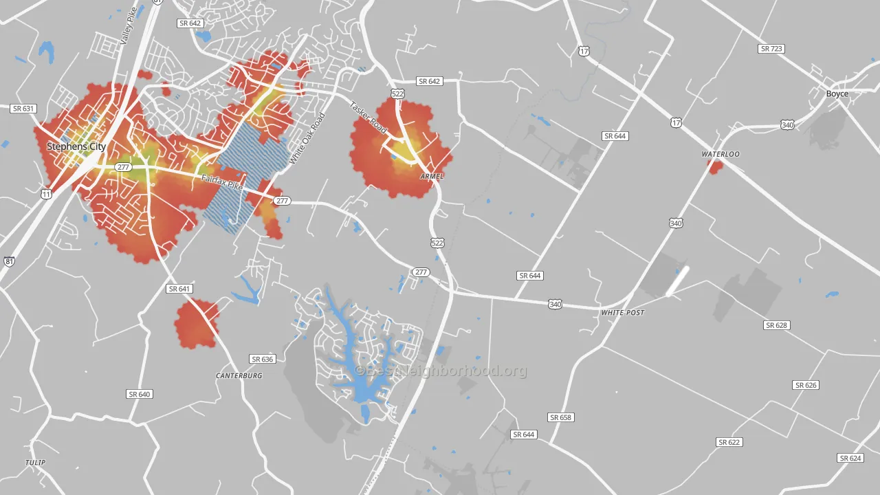 Walk Grade map of 22663, VA, walkable areas in green and car-dependent areas in red