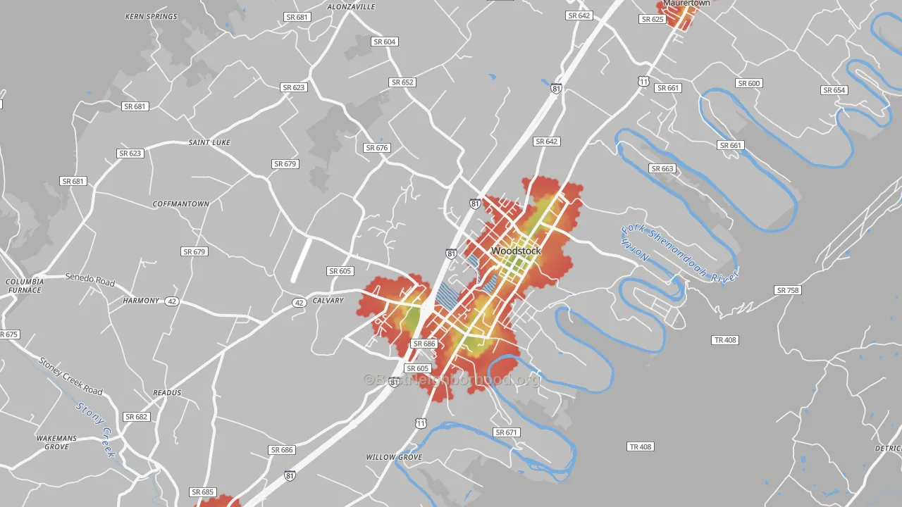 Walk Grade map of 22664, VA, walkable areas in green and car-dependent areas in red