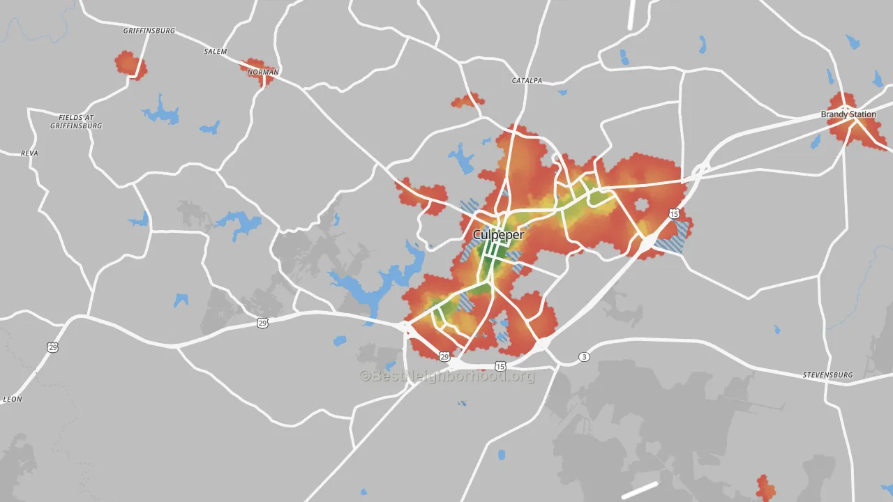 Walk Grade map of 22701, VA, walkable areas in green and car-dependent areas in red