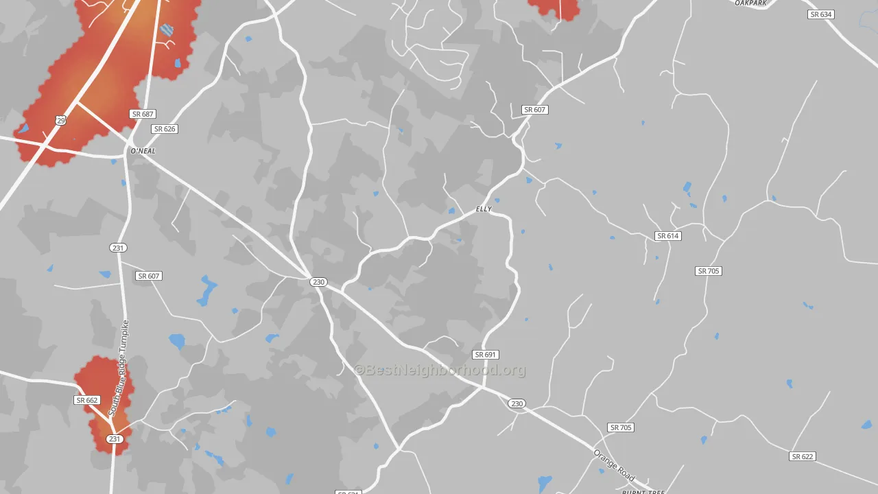 Walk Grade map of 22709, VA, walkable areas in green and car-dependent areas in red