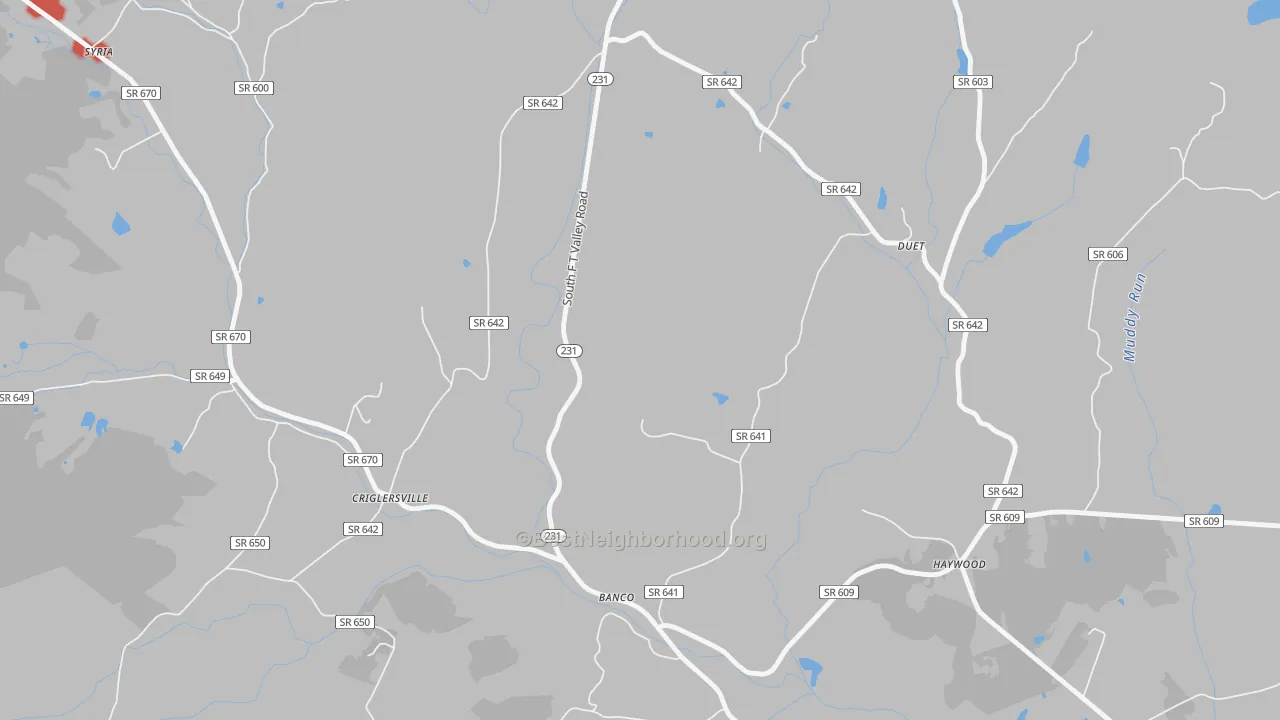 Walk Grade map of 22711, VA, walkable areas in green and car-dependent areas in red