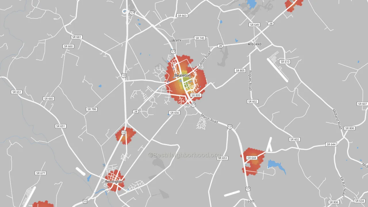 Walk Grade map of 22712, VA, walkable areas in green and car-dependent areas in red